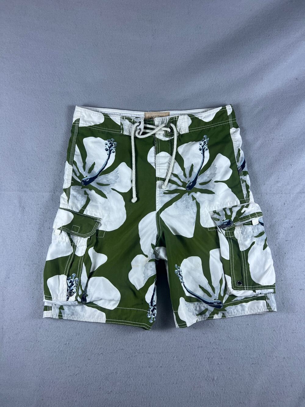 Hollister Board Shorts Men S Green White Floral Cargo Mesh Lined Swim Trunks Y2K